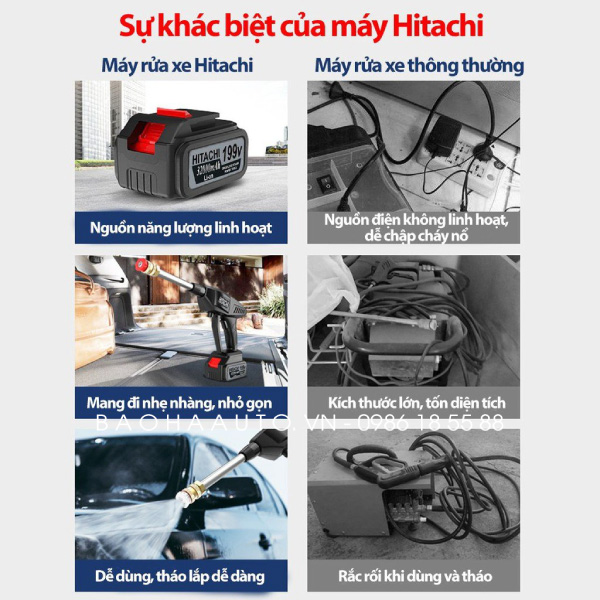 Máy rửa xe ô tô mini Hitachi 199V cầm tay áp lực cao, dùng pin sạc